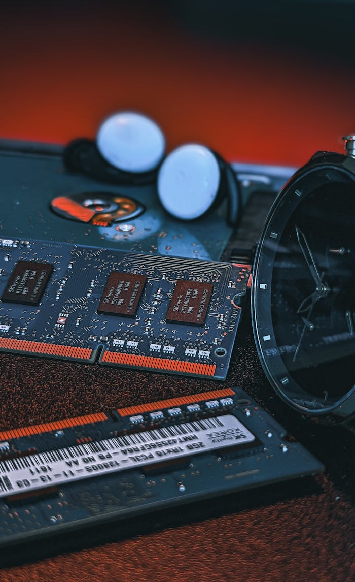 Home Close-up image of electronic chips and a wristwatch, perfect for tech concepts.